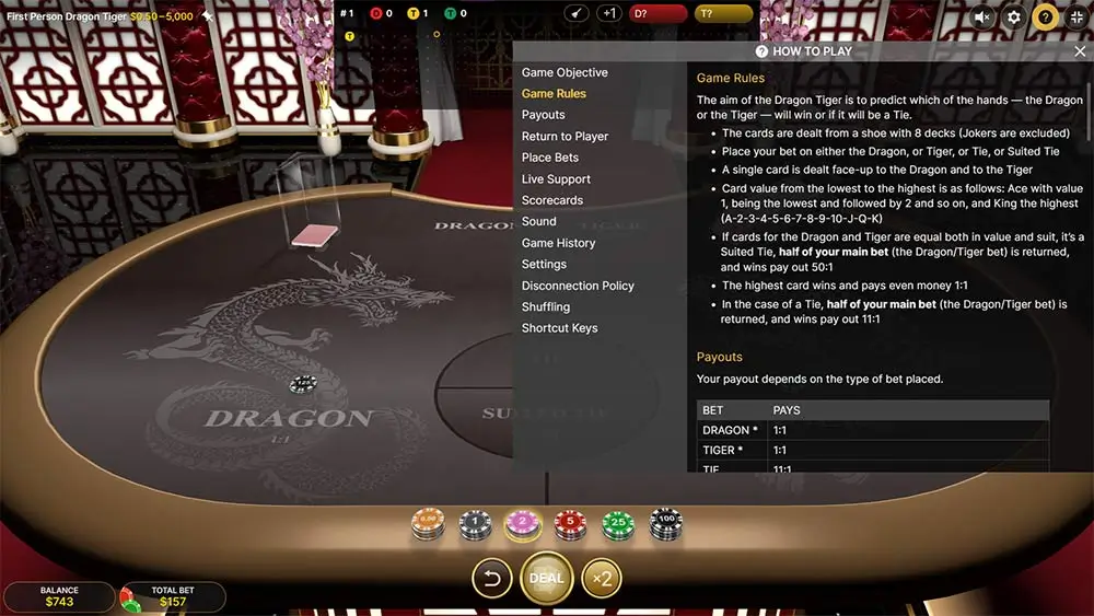 Dragon Tiger online casino game screen showing table layout, betting options, and game rules with payouts displayed on the side.